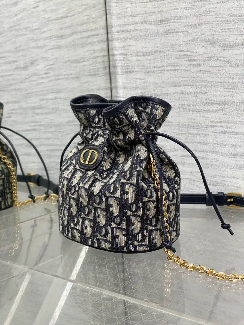 Dior S2374 30 Montaigne Mini Bucket Bag with Drawstring Blue Dior Oblique Jacquard