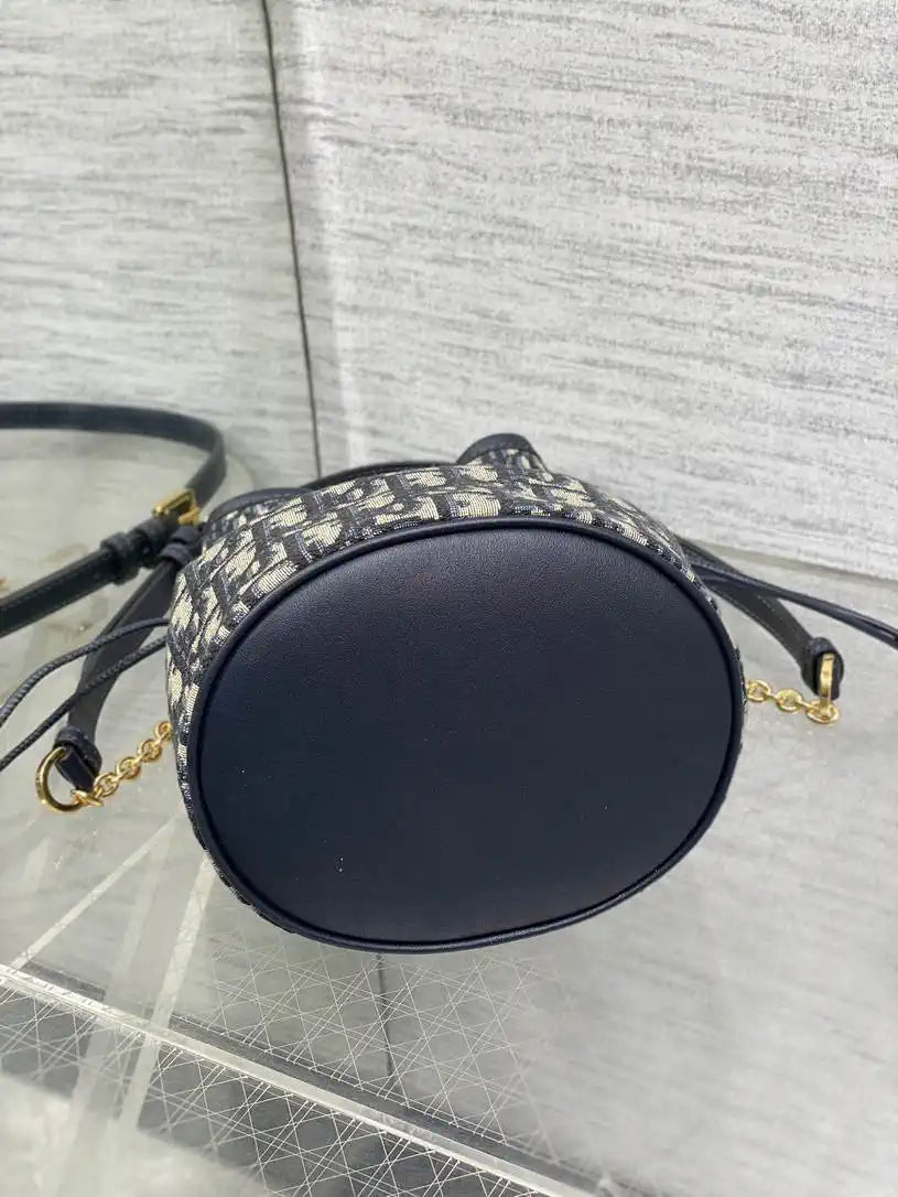 Dior S2374 30 Montaigne Mini Bucket Bag with Drawstring Blue Dior Oblique Jacquard