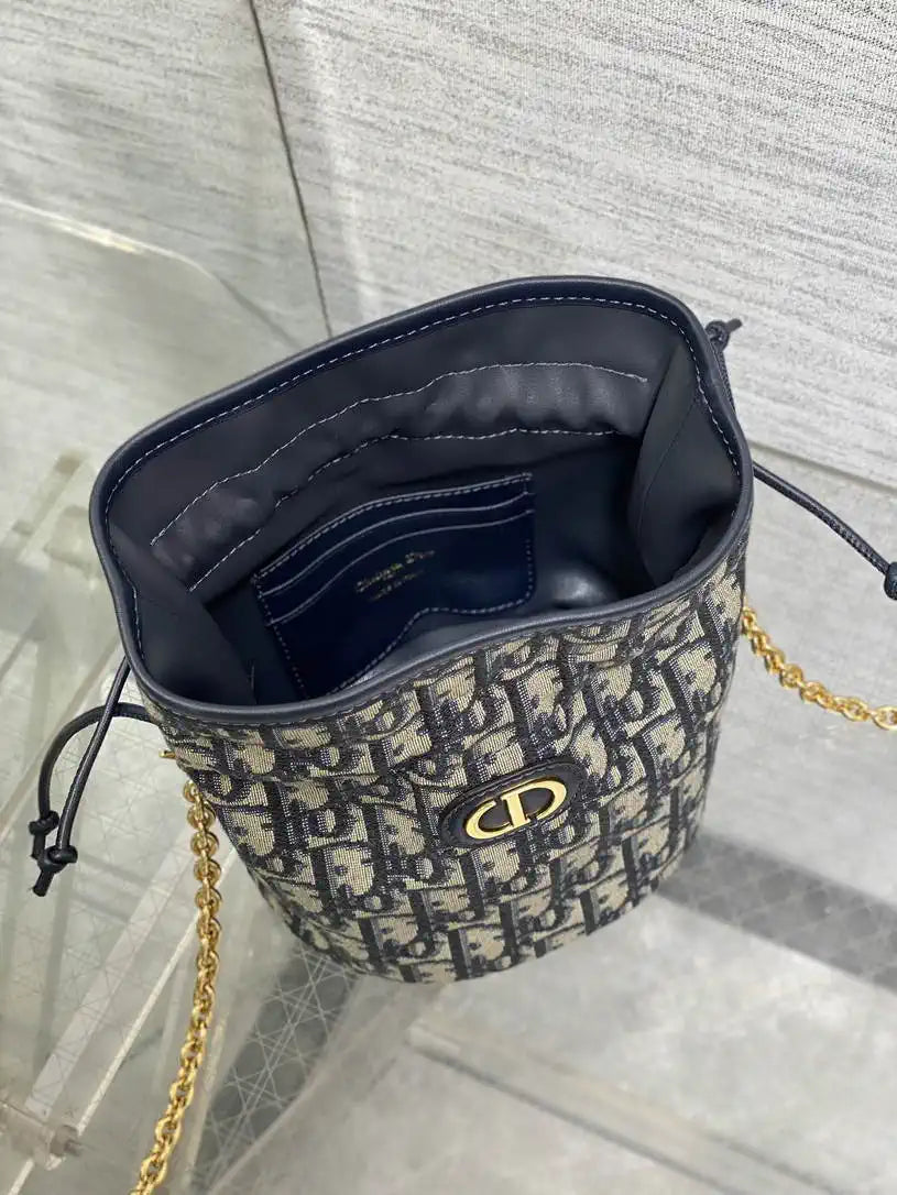 Dior S2374 30 Montaigne Mini Bucket Bag with Drawstring Blue Dior Oblique Jacquard