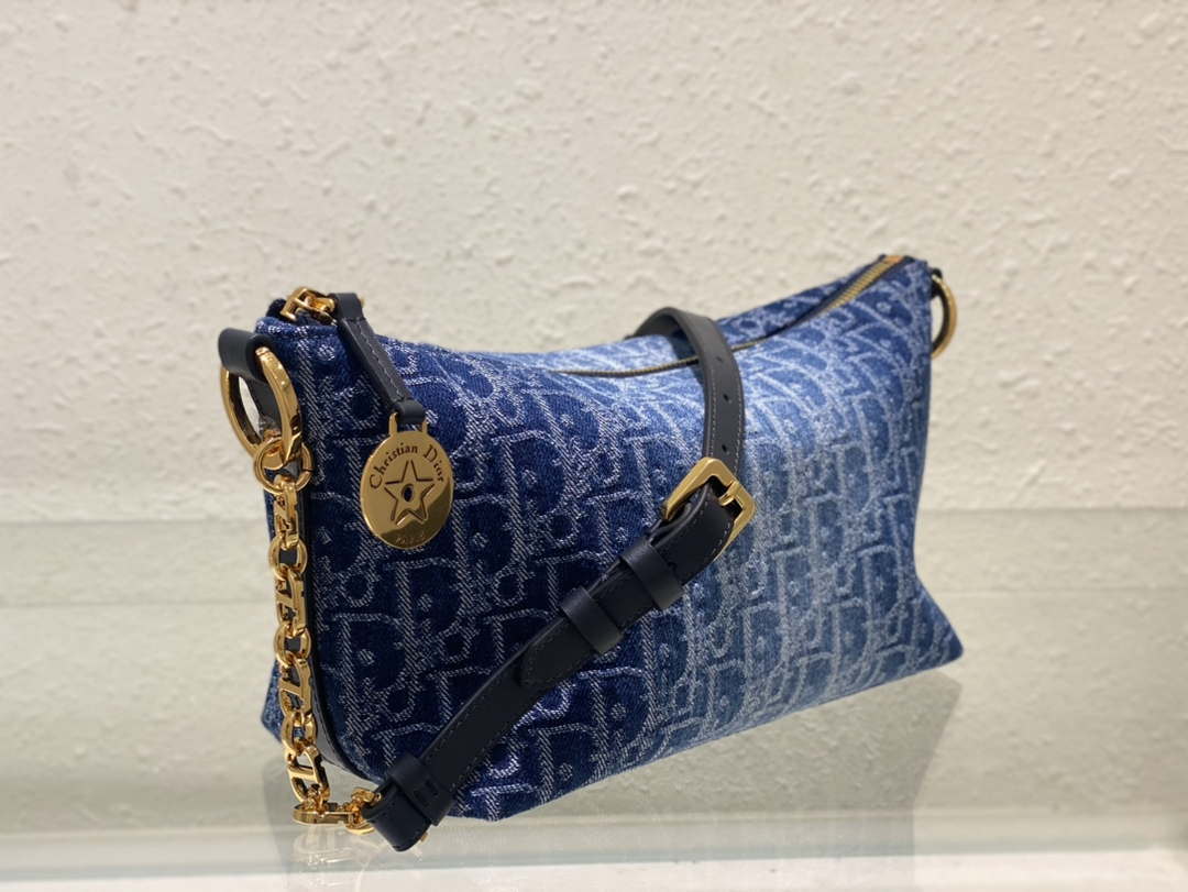 Dior S3202 Diorstar Hobo Bag with Chain Blue Denim Dior Oblique Jacquard M2030