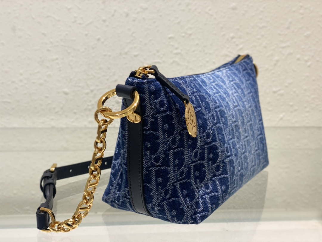 Dior S3202 Diorstar Hobo Bag with Chain Blue Denim Dior Oblique Jacquard M2030