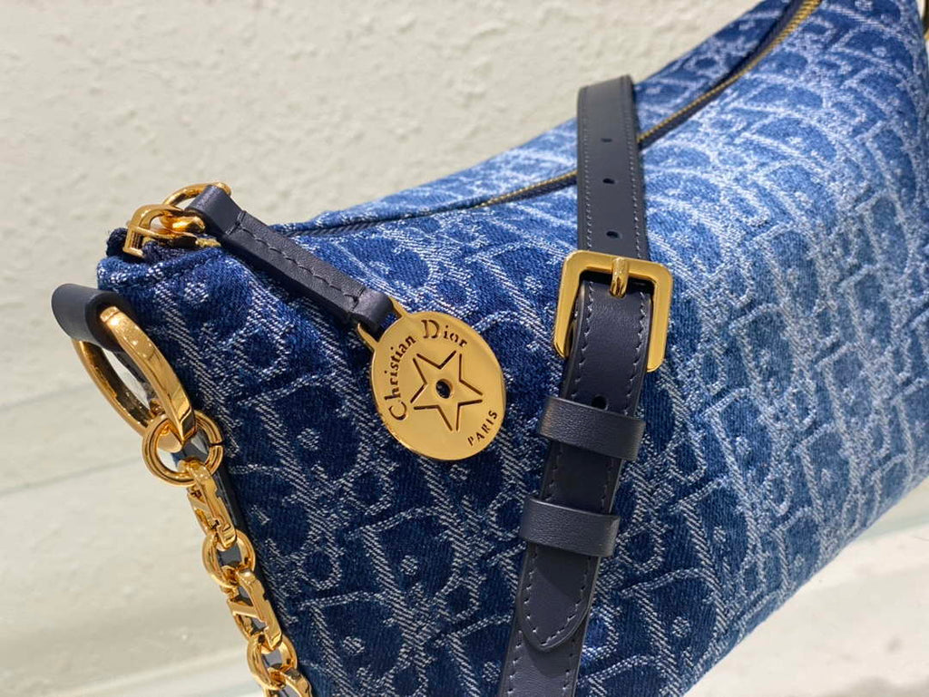 Dior S3202 Diorstar Hobo Bag with Chain Blue Denim Dior Oblique Jacquard M2030