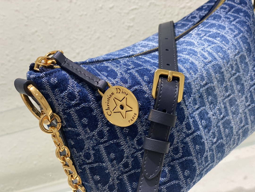 Dior S3202 Diorstar Hobo Bag with Chain Blue Denim Dior Oblique Jacquard M2030