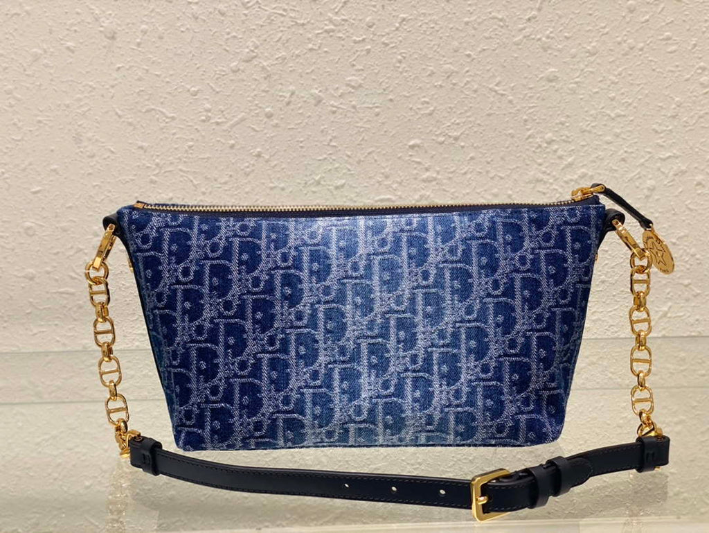 Dior S3202 Diorstar Hobo Bag with Chain Blue Denim Dior Oblique Jacquard M2030