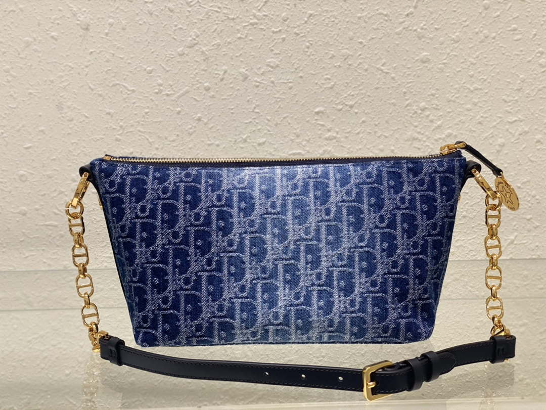 Dior S3202 Diorstar Hobo Bag with Chain Blue Denim Dior Oblique Jacquard M2030