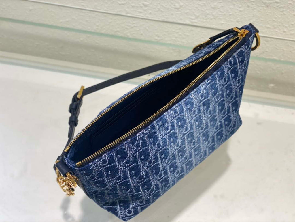 Dior S3202 Diorstar Hobo Bag with Chain Blue Denim Dior Oblique Jacquard M2030