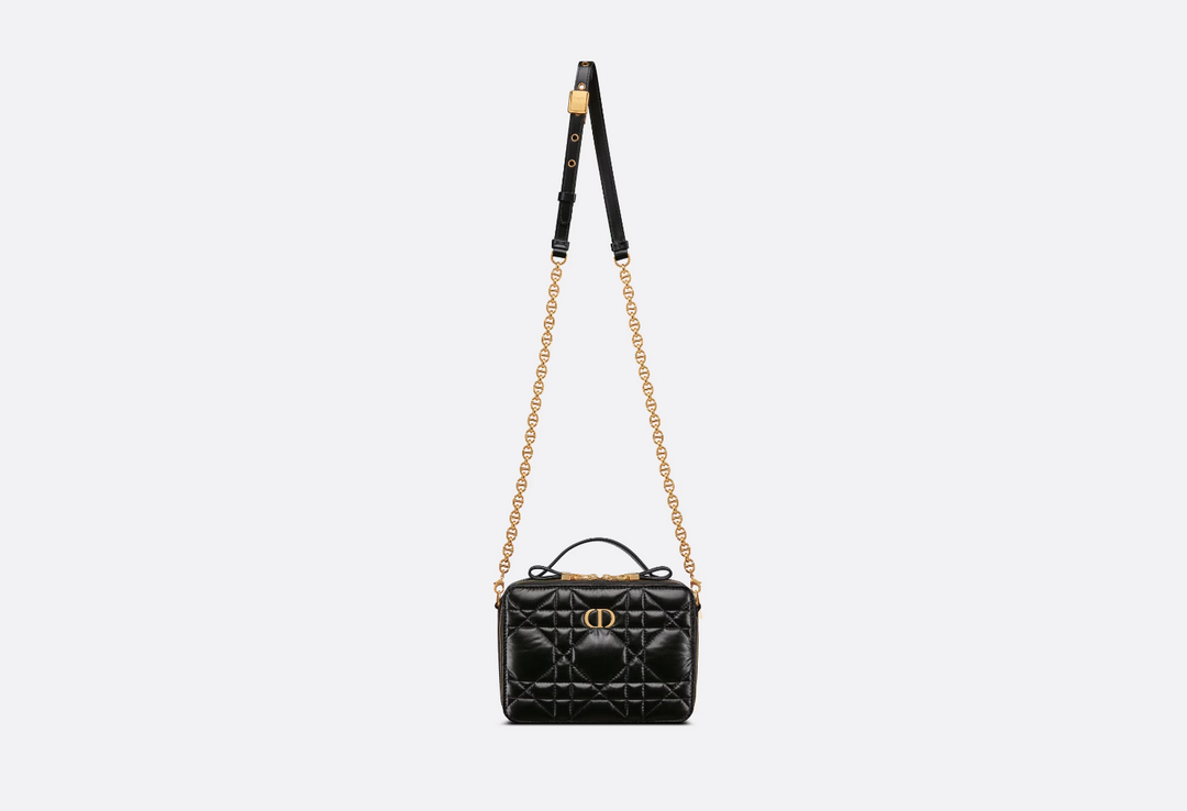 Dior S5140 Caro Box Bag Quilted Macrocannage Calfskin Black Gold