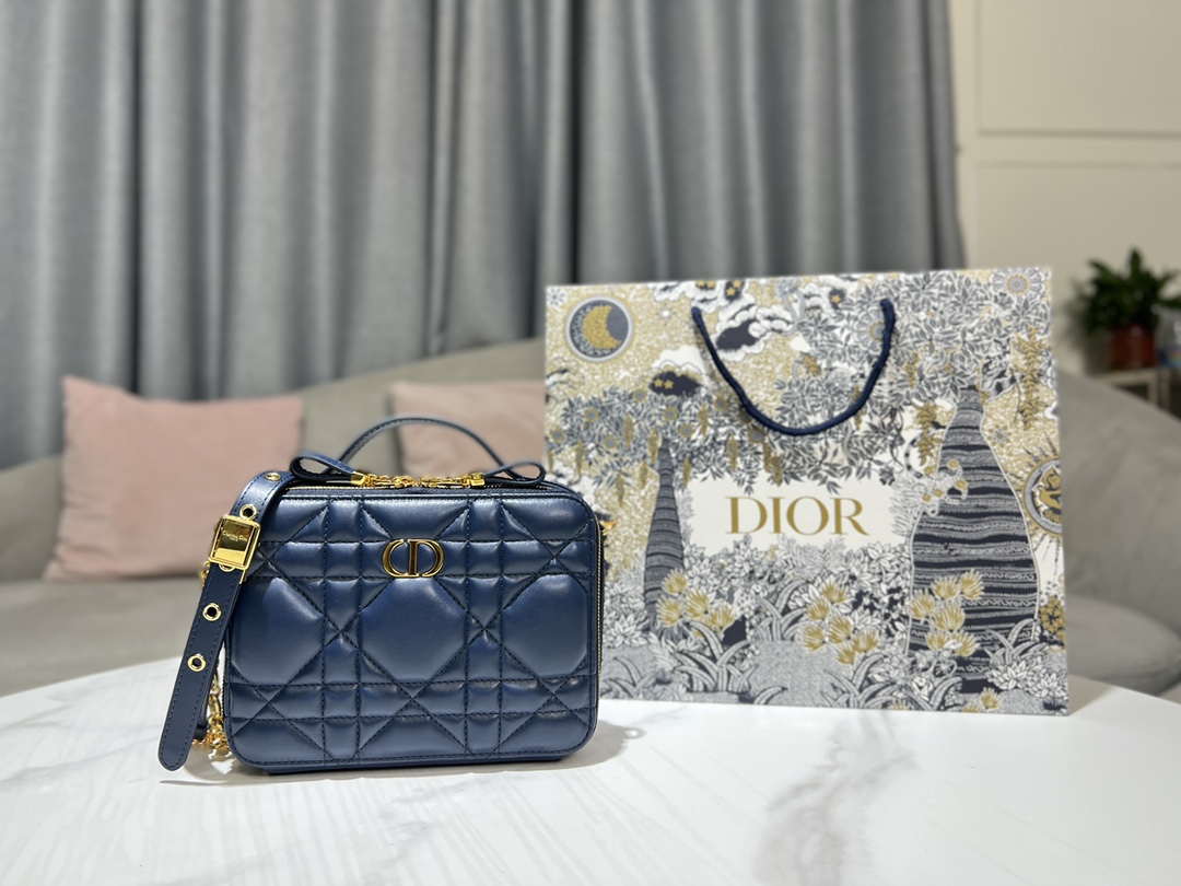 Dior S5140 Caro Box Bag Blue Quilted Macrocannage Calfskin - Default Title - View 1
