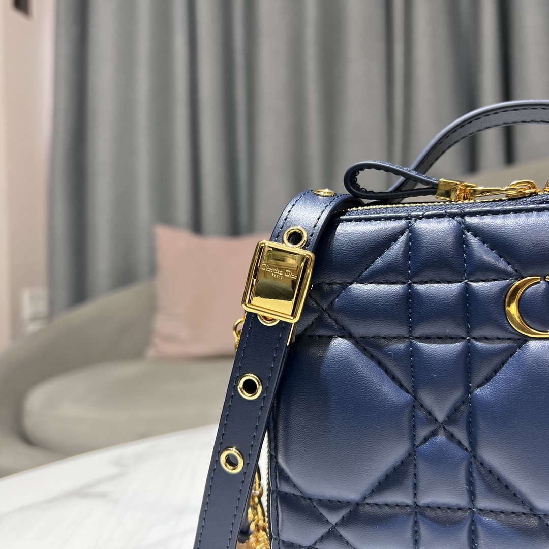Dior S5140 Caro Box Bag Blue Quilted Macrocannage Calfskin