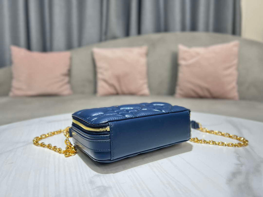 Dior S5140 Caro Box Bag Blue Quilted Macrocannage Calfskin