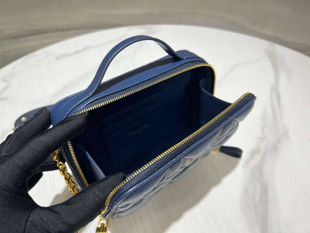 Dior S5140 Caro Box Bag Blue Quilted Macrocannage Calfskin