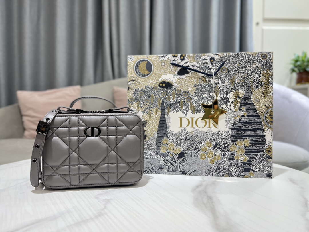 Dior S5140 Caro Box Bag Gray Quilted Macrocannage Calfskin