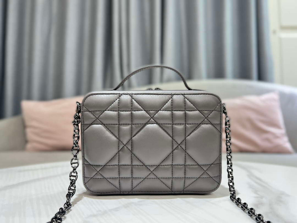 Dior S5140 Caro Box Bag Gray Quilted Macrocannage Calfskin