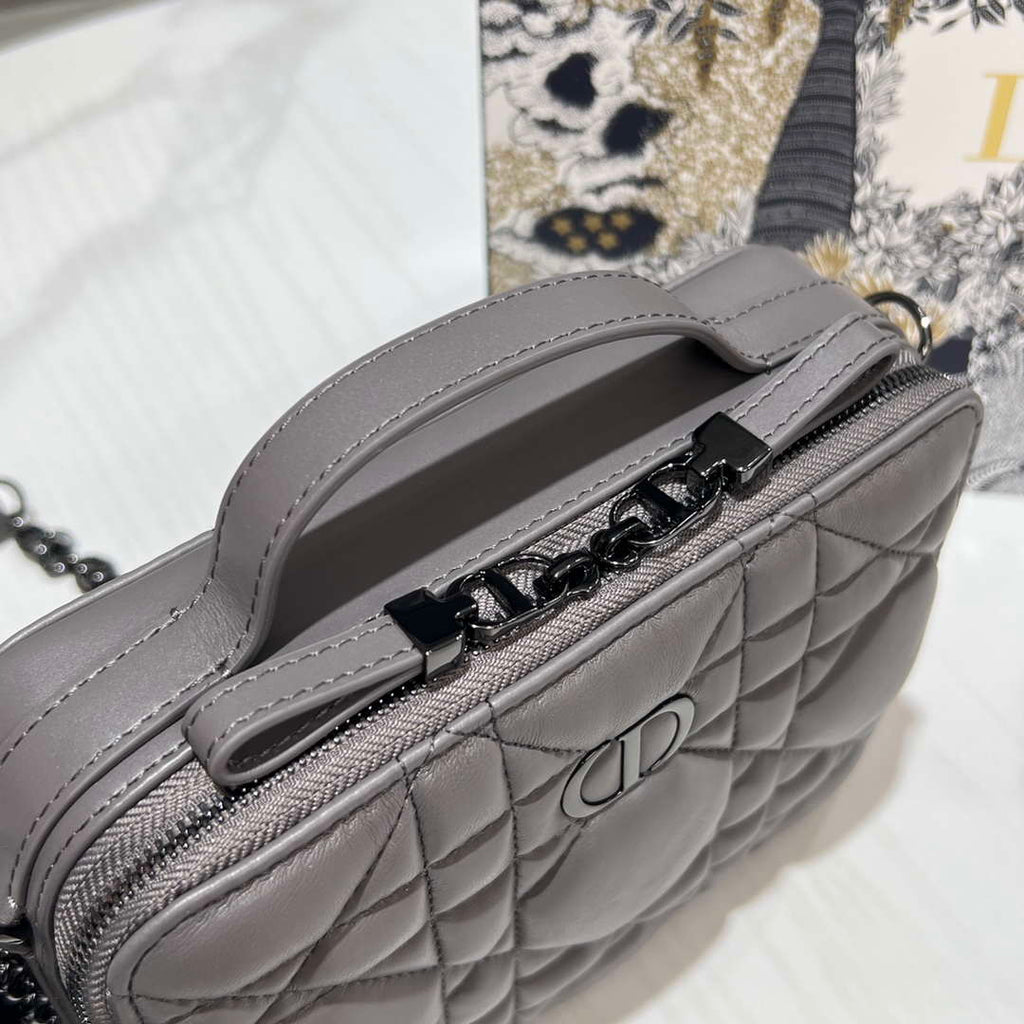 Dior S5140 Caro Box Bag Gray Quilted Macrocannage Calfskin