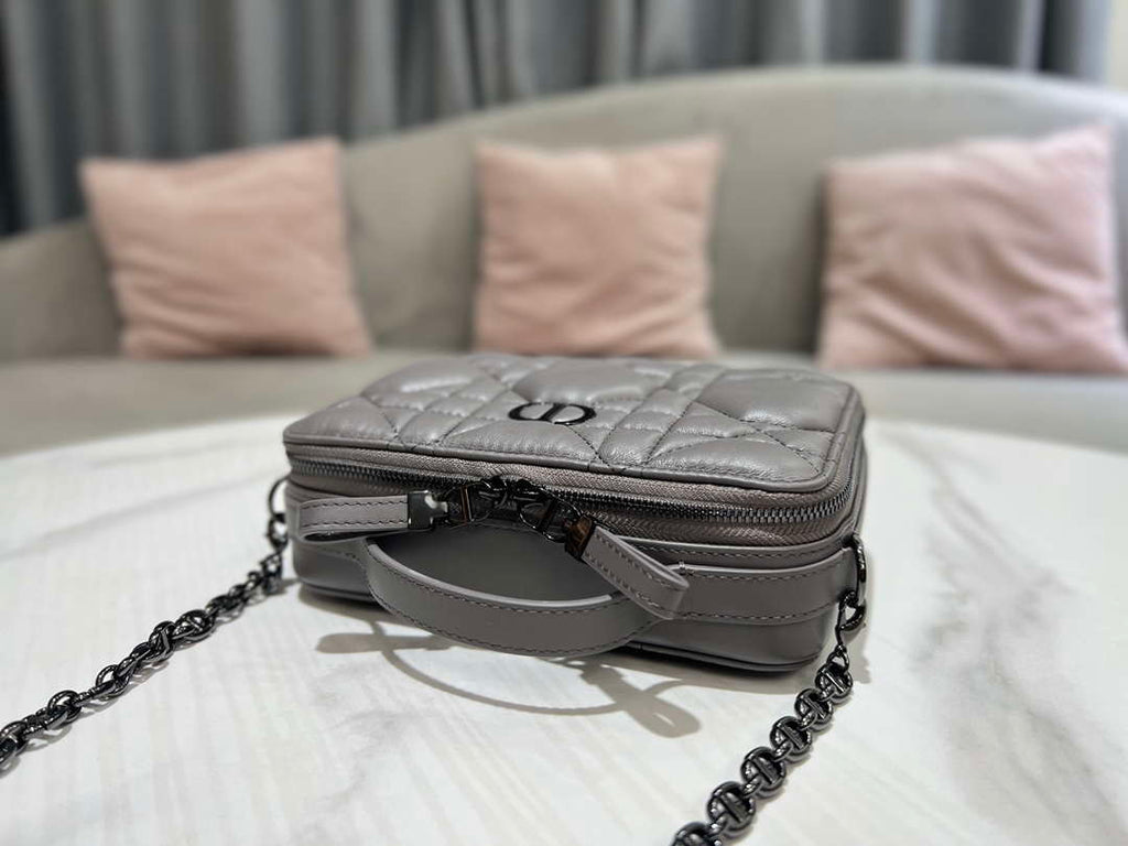 Dior S5140 Caro Box Bag Gray Quilted Macrocannage Calfskin