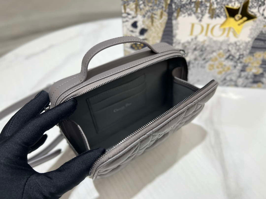 Dior S5140 Caro Box Bag Gray Quilted Macrocannage Calfskin
