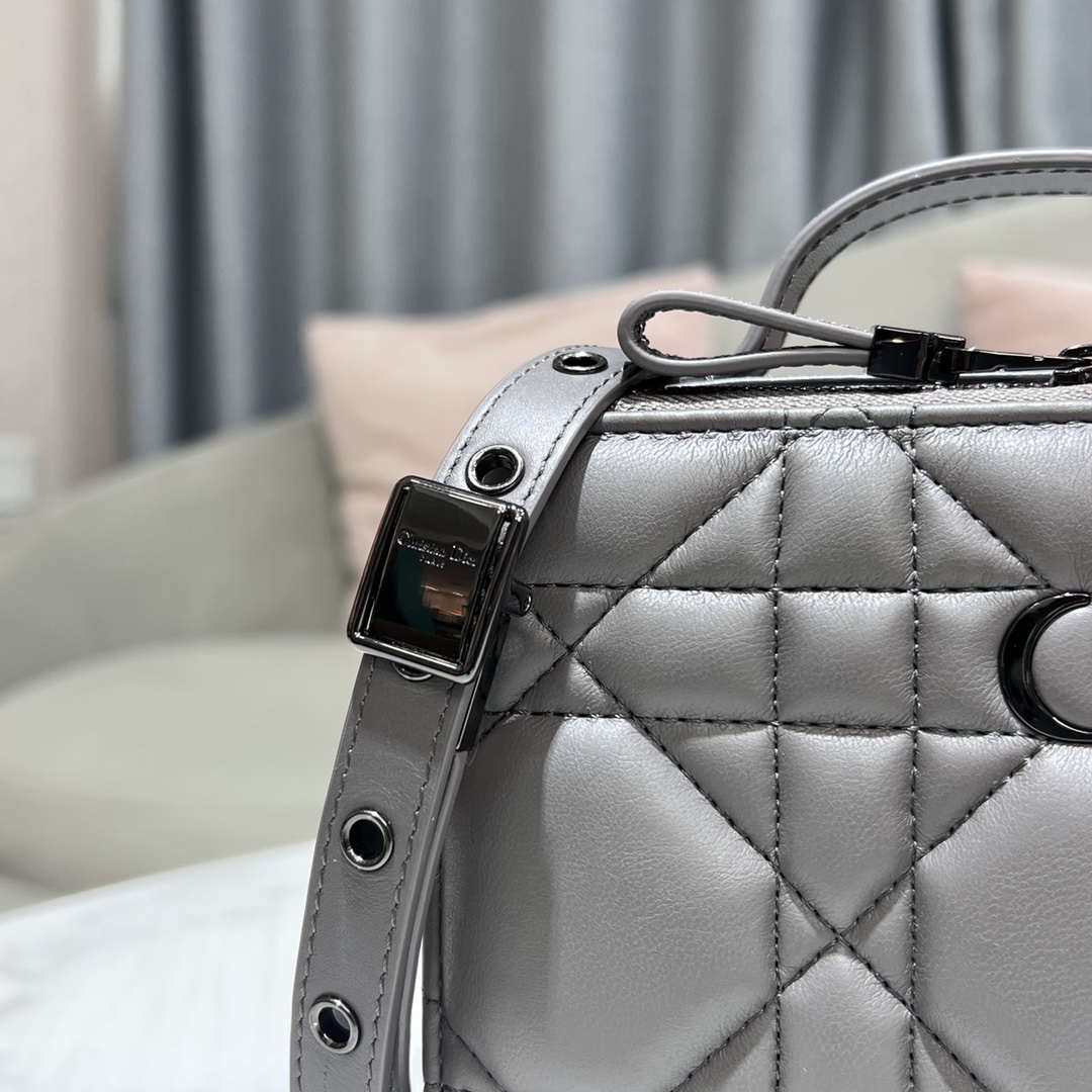 Dior S5140 Caro Box Bag Gray Quilted Macrocannage Calfskin