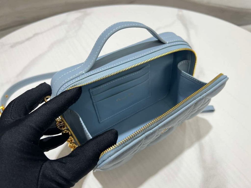 Dior S5140 Caro Box Bag Lake Blue Quilted Macrocannage Calfskin