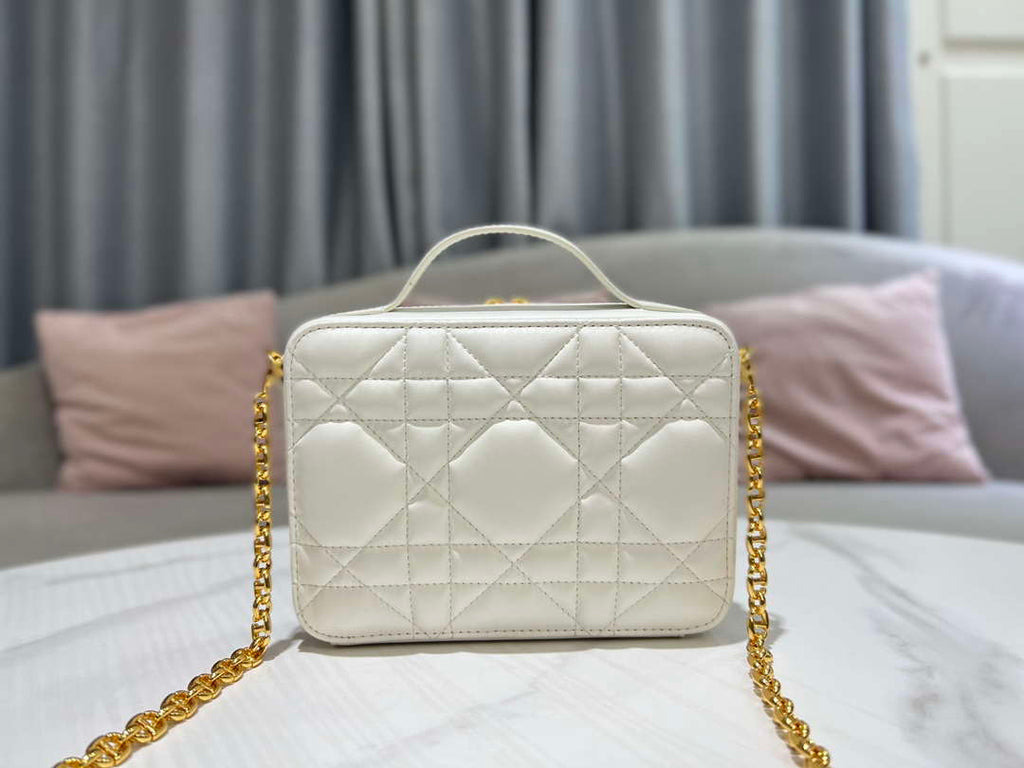 Dior S5140 Caro Box Bag White Quilted Macrocannage Calfskin
