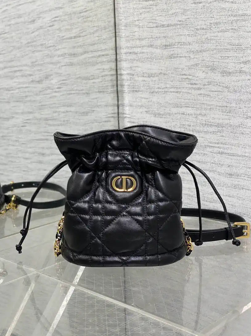 Dior S5223 Miss Caro Mini Bucket Bag with Drawstring Black Macrocannage Lambskin