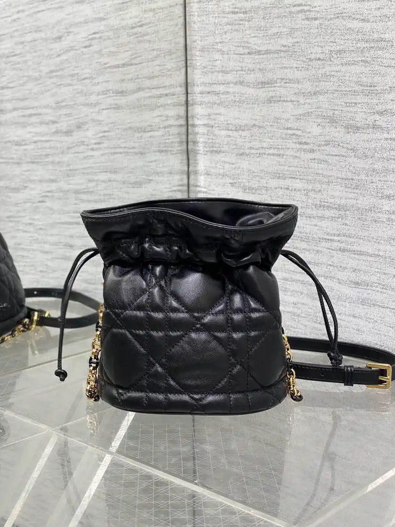 Dior S5223 Miss Caro Mini Bucket Bag with Drawstring Black Macrocannage Lambskin