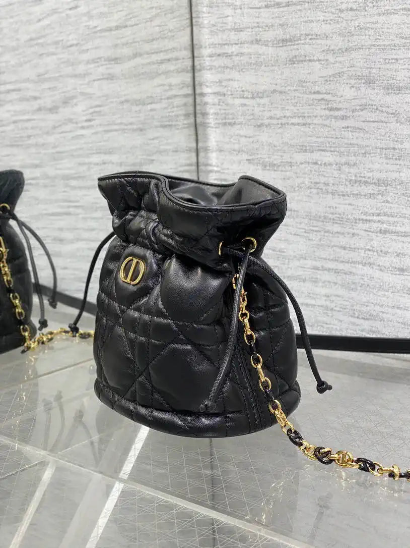 Dior S5223 Miss Caro Mini Bucket Bag with Drawstring Black Macrocannage Lambskin