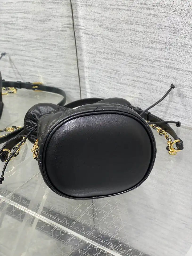 Dior S5223 Miss Caro Mini Bucket Bag with Drawstring Black Macrocannage Lambskin