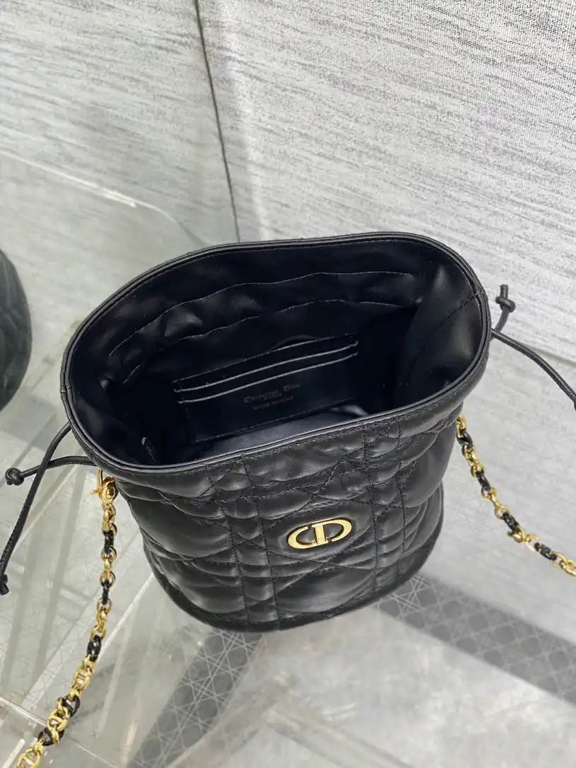 Dior S5223 Miss Caro Mini Bucket Bag with Drawstring Black Macrocannage Lambskin