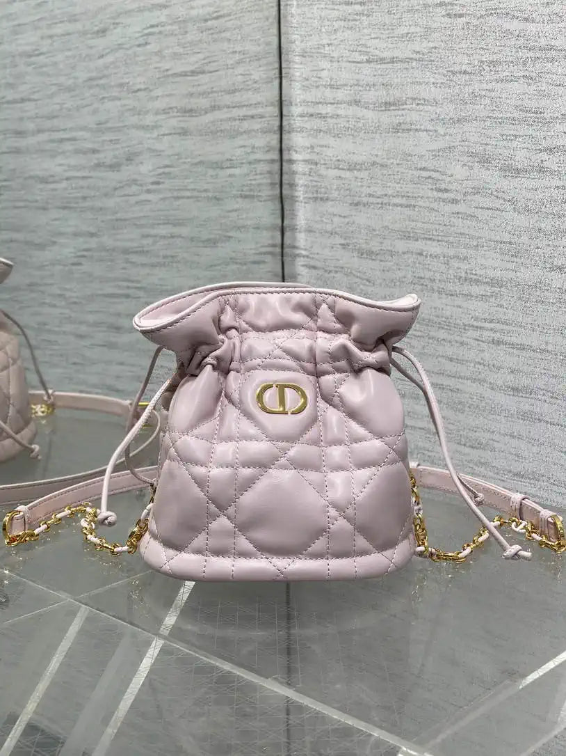 Dior S5223 Miss Caro Mini Bucket Bag with Drawstring Pink Macrocannage Lambskin
