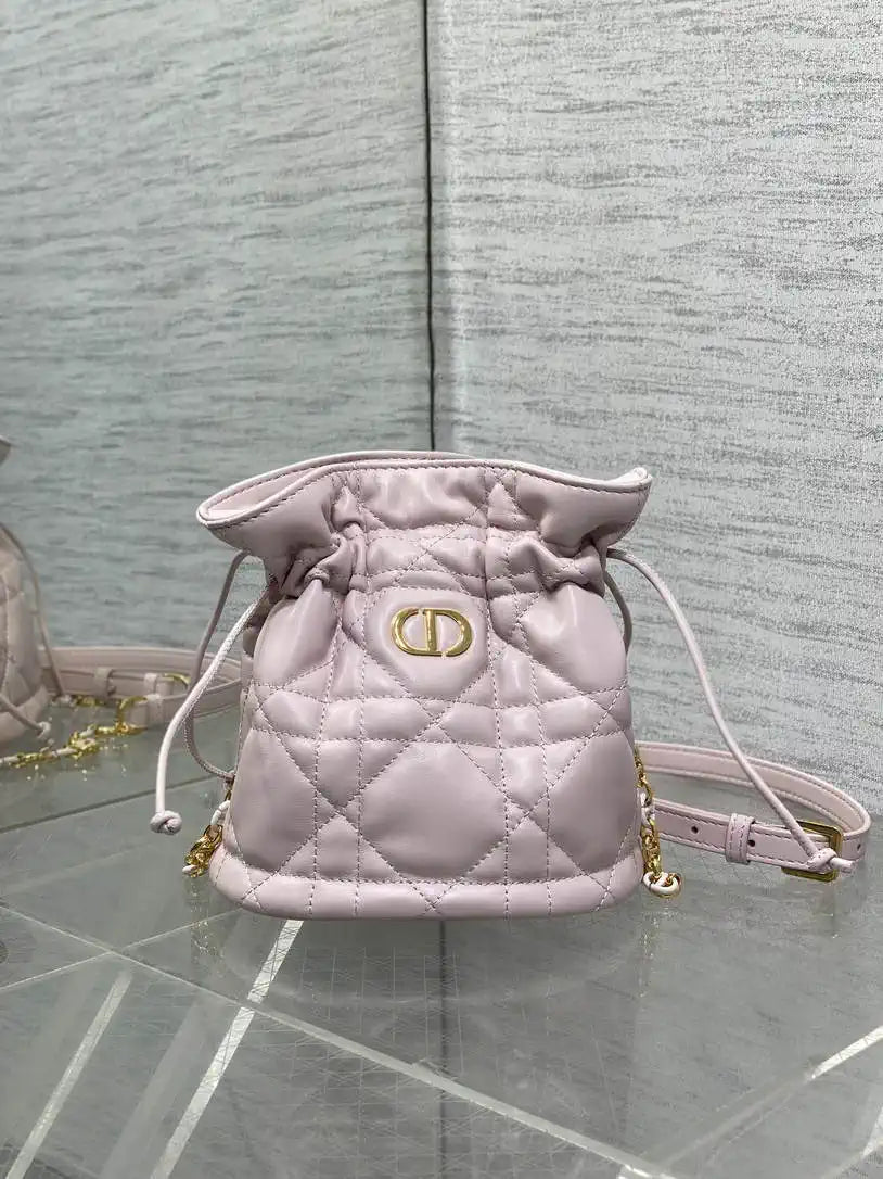 Dior S5223 Miss Caro Mini Bucket Bag with Drawstring Pink Macrocannage Lambskin