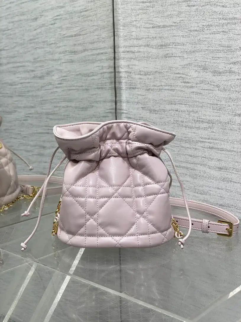 Dior S5223 Miss Caro Mini Bucket Bag with Drawstring Pink Macrocannage Lambskin