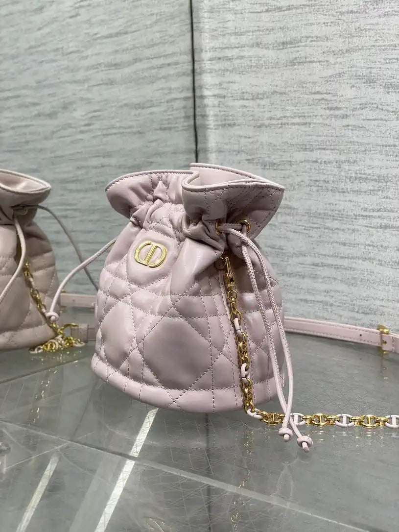 Dior S5223 Miss Caro Mini Bucket Bag with Drawstring Pink Macrocannage Lambskin