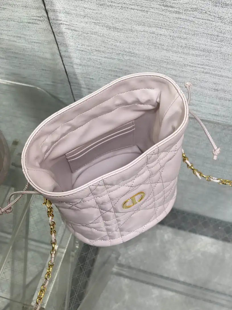 Dior S5223 Miss Caro Mini Bucket Bag with Drawstring Pink Macrocannage Lambskin