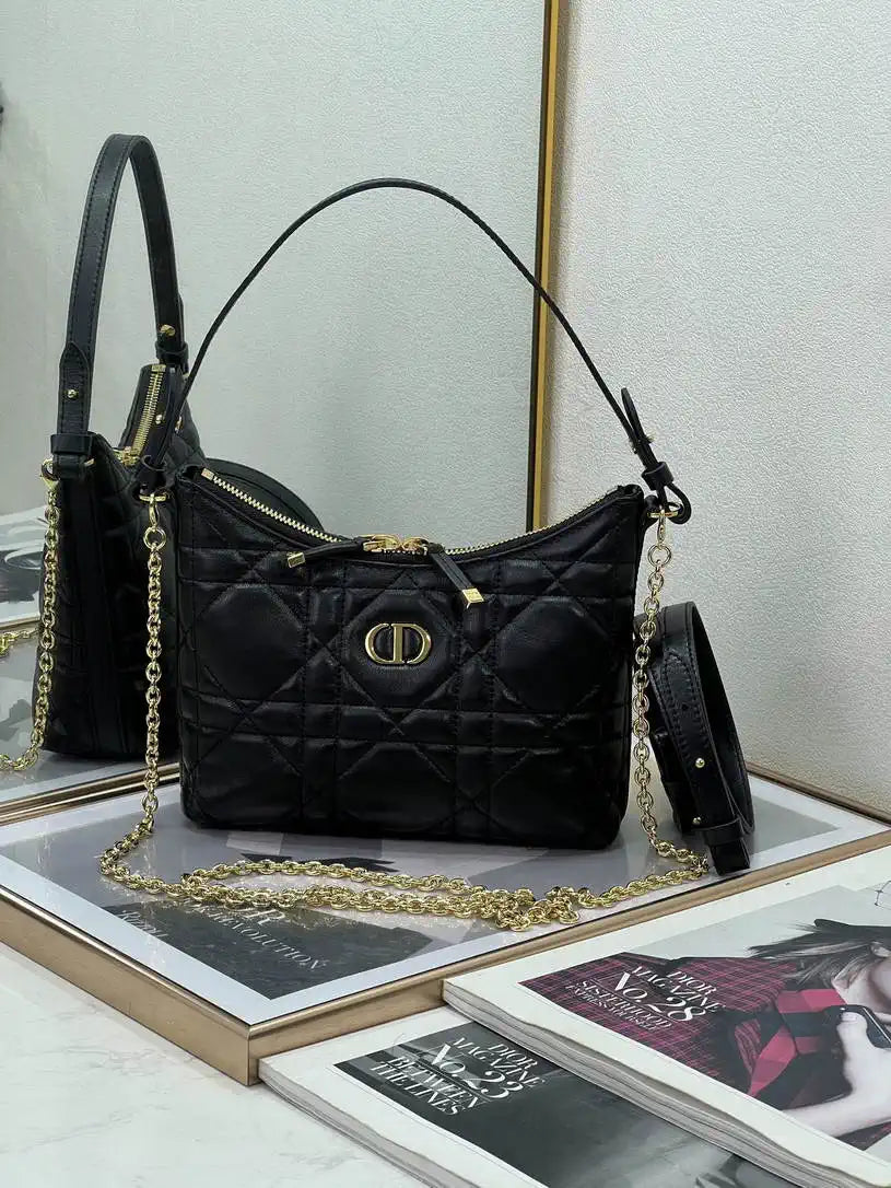 Dior S5253 Miss Caro Diorling Mini Bag with Chain Black Macrocannage Lambskin