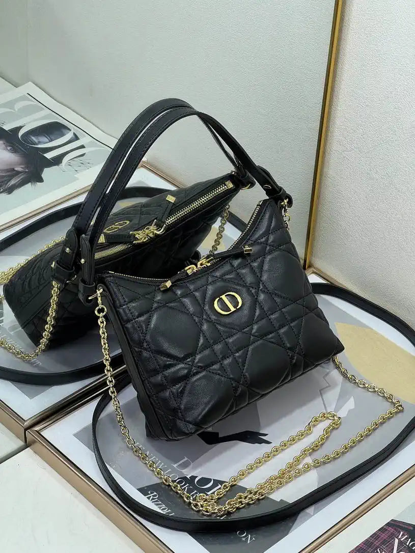 Dior S5253 Miss Caro Diorling Mini Bag with Chain Black Macrocannage Lambskin