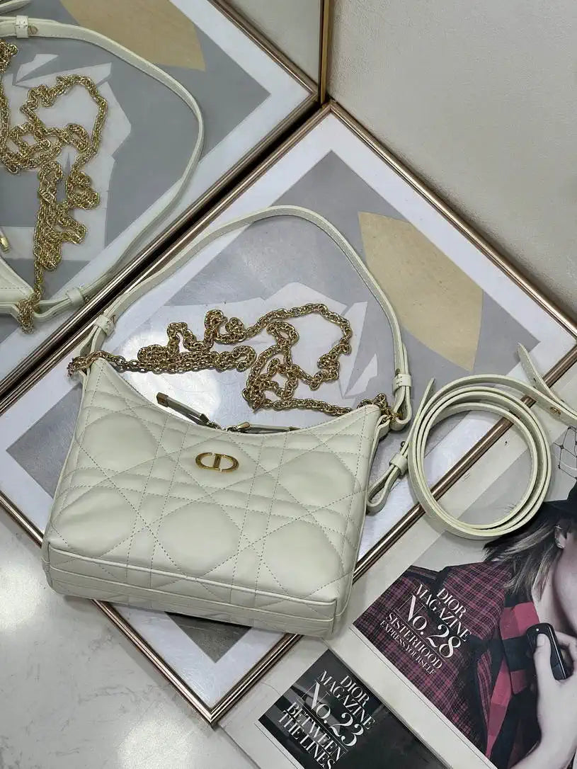 Dior S5253 Miss Caro Diorling Mini Bag with Chain White Macrocannage Lambskin