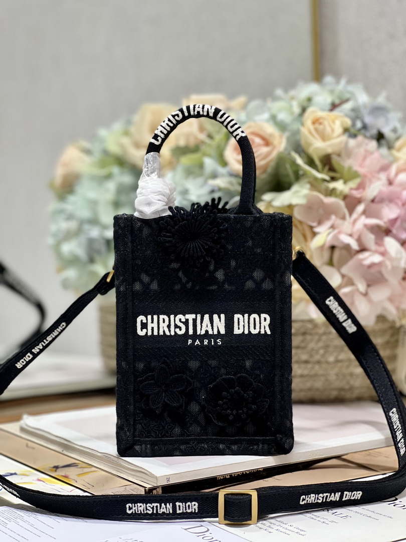Dior S5555 Mini Dior Book Tote Phone Bag Black lace flowers S1110