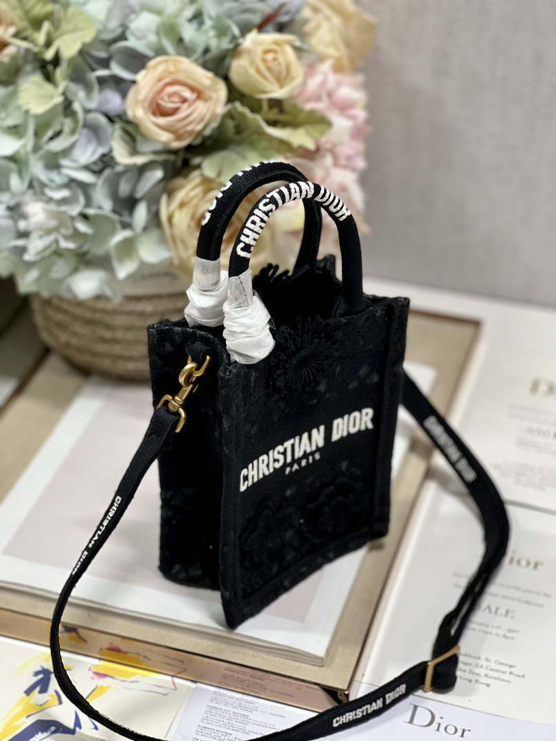 Dior S5555 Mini Dior Book Tote Phone Bag Black lace flowers S1110