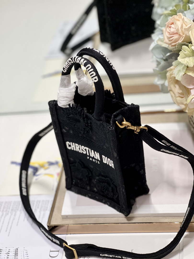 Dior S5555 Mini Dior Book Tote Phone Bag Black lace flowers S1110