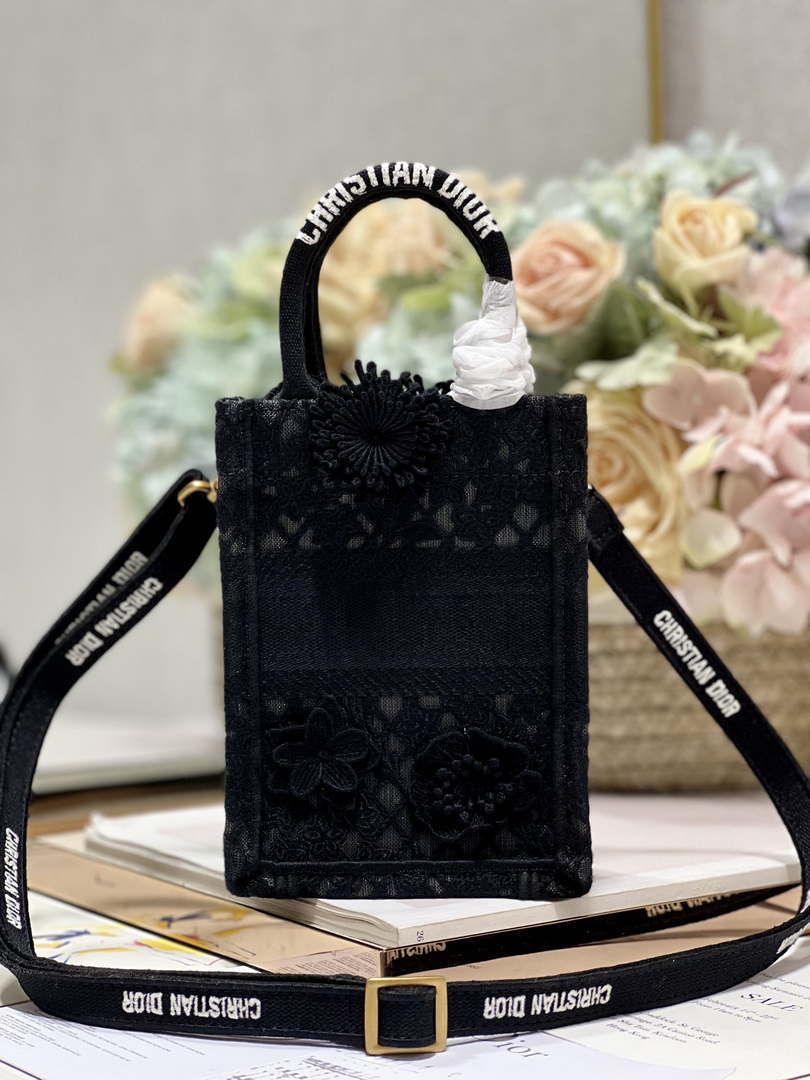 Dior S5555 Mini Dior Book Tote Phone Bag Black lace flowers S1110