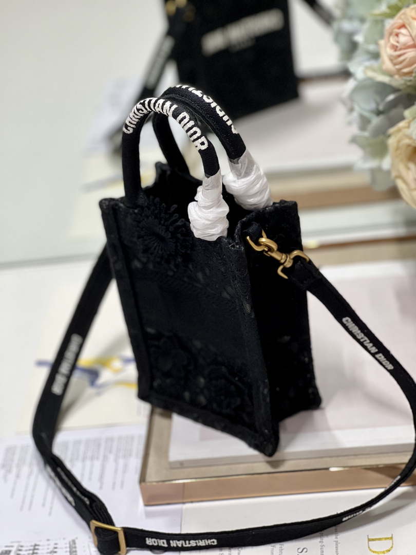 Dior S5555 Mini Dior Book Tote Phone Bag Black lace flowers S1110