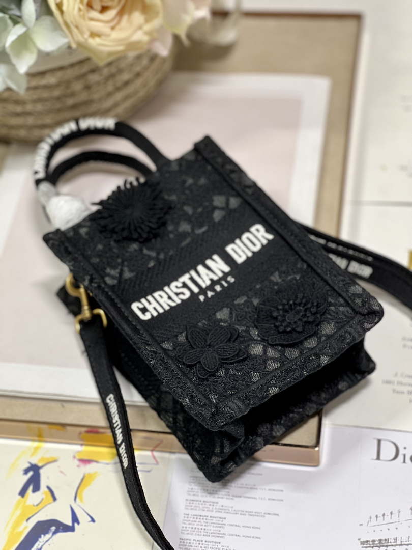 Dior S5555 Mini Dior Book Tote Phone Bag Black lace flowers S1110