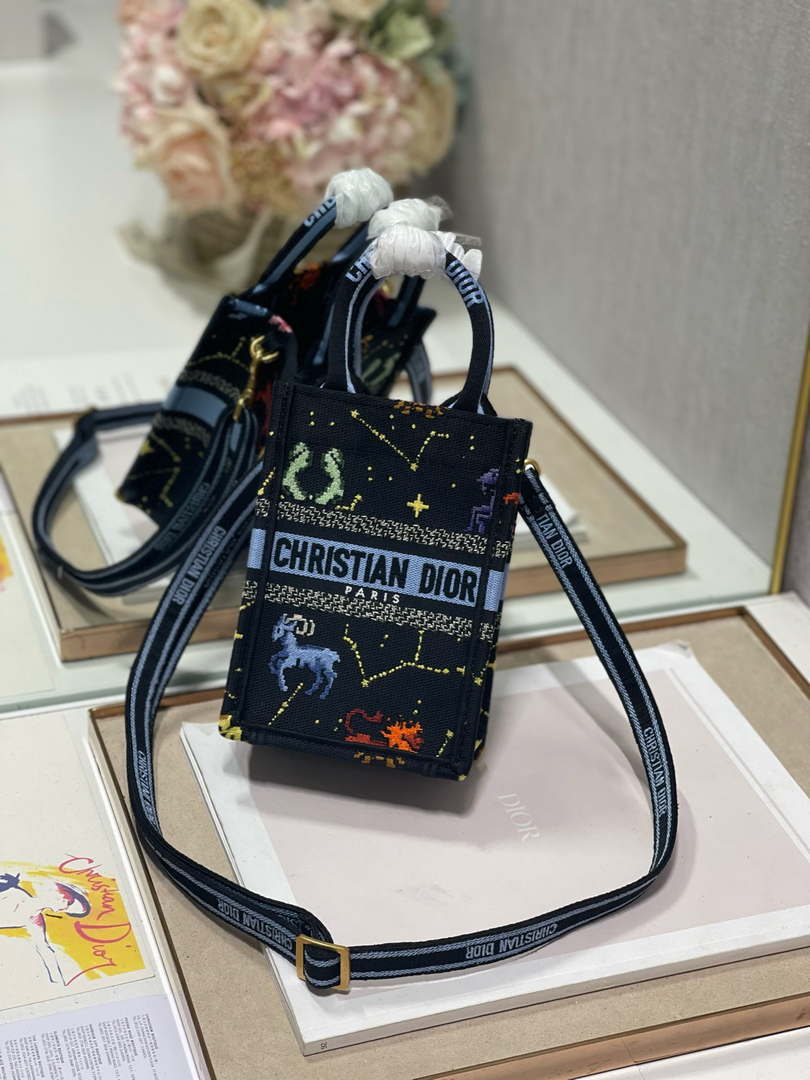 Dior S5555 Mini Dior Book Tote Phone Bag black multicolor petites fleurs embroidery
