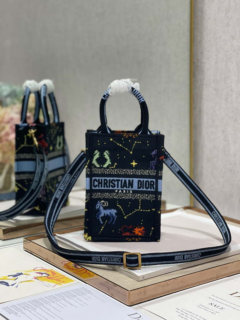 Dior S5555 Mini Dior Book Tote Phone Bag black multicolor petites fleurs embroidery
