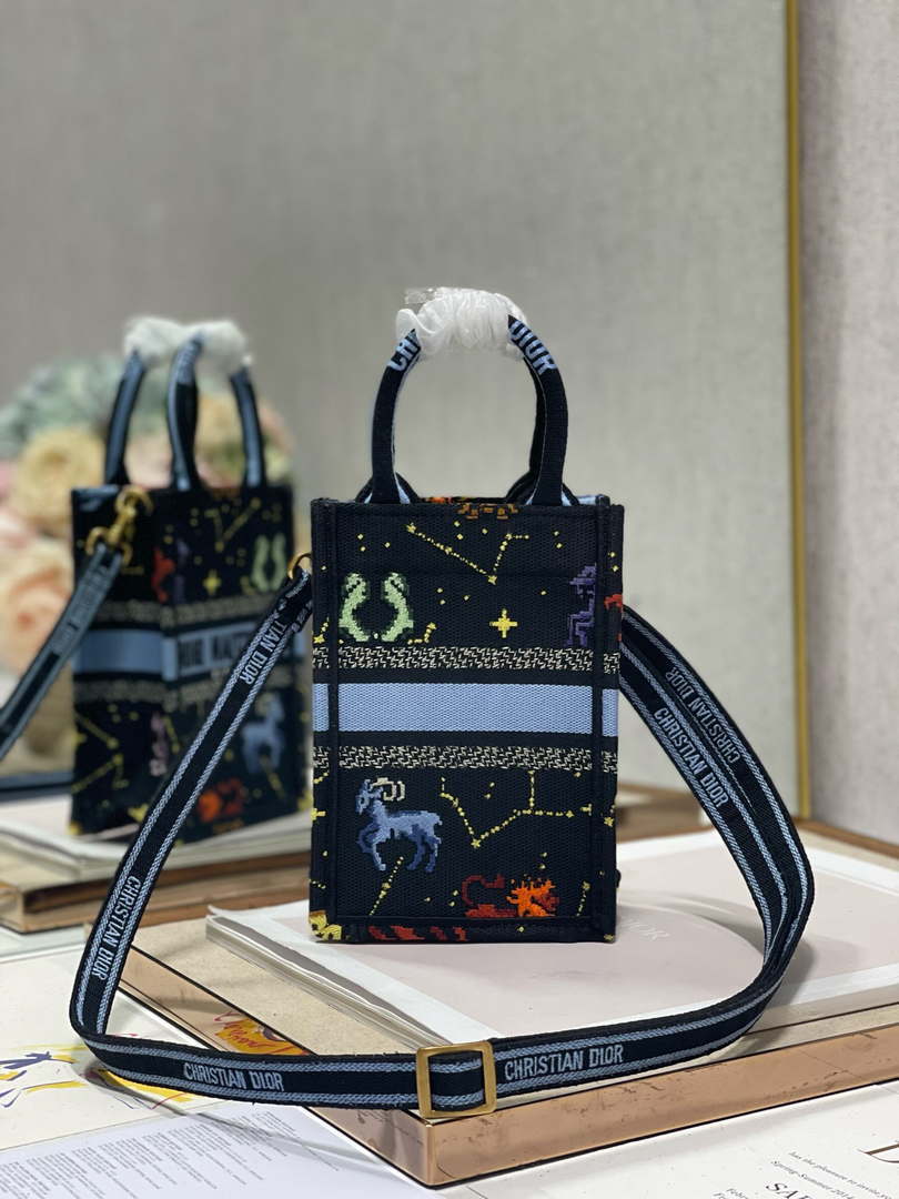Dior S5555 Mini Dior Book Tote Phone Bag black multicolor petites fleurs embroidery