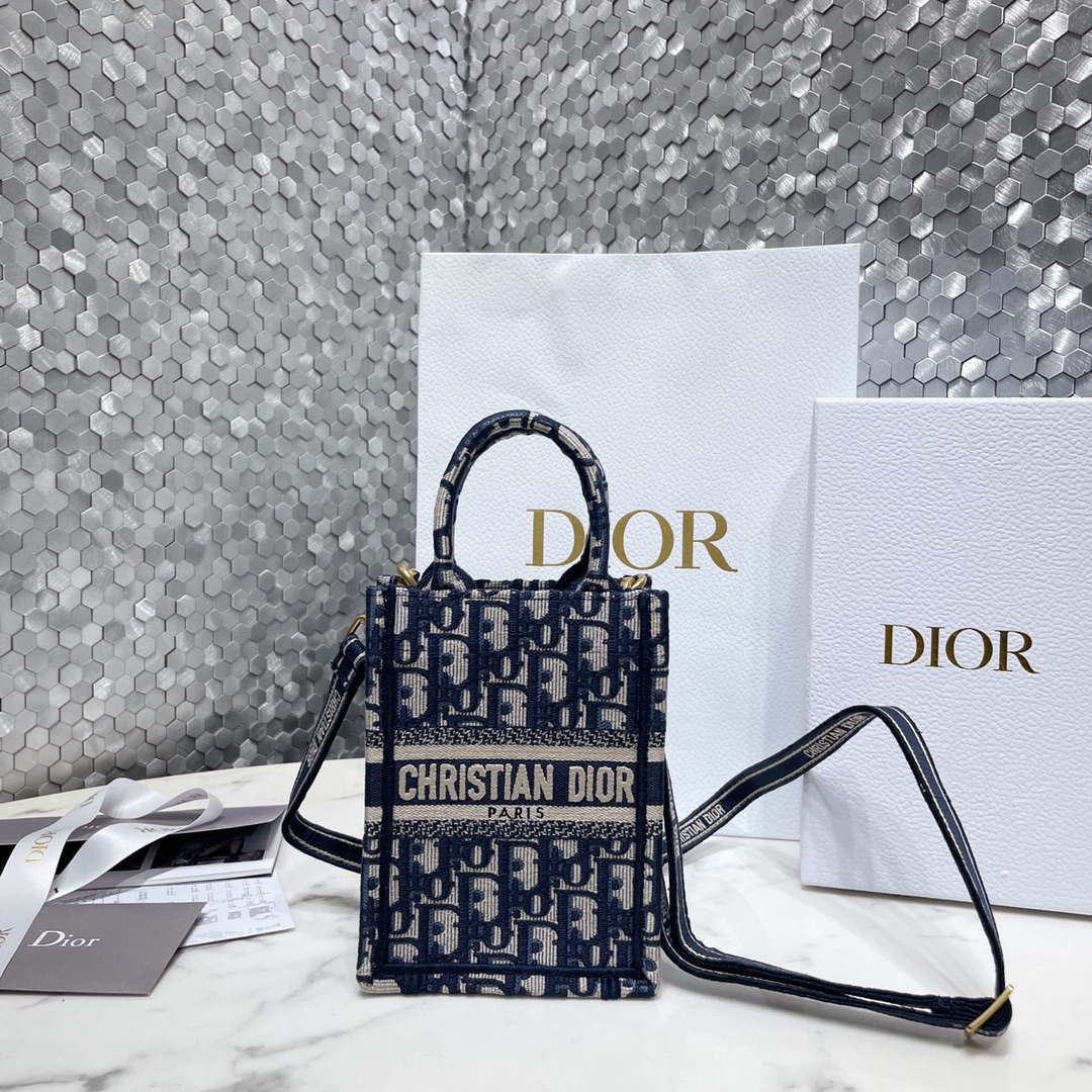 Dior S5555 Mini Dior Book Tote Phone Bag Blue Dior Oblique Embroidery - Default Title - View 1