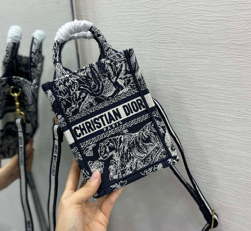 Dior S5555 Mini Dior Book Tote Phone Bag Blue Toile de Jouy Reverse Embroidery