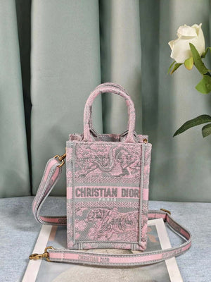 Dior S5555 Mini Dior Book Tote Phone Bag Gray and Pink Toile de Jouy Reverse Embroidery - Default Title - View 1