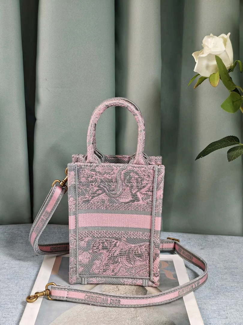 Dior S5555 Mini Dior Book Tote Phone Bag Gray and Pink Toile de Jouy Reverse Embroidery