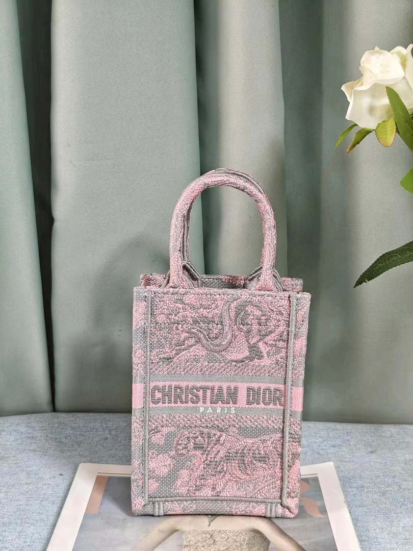 Dior S5555 Mini Dior Book Tote Phone Bag Gray and Pink Toile de Jouy Reverse Embroidery - Default Title - View 3